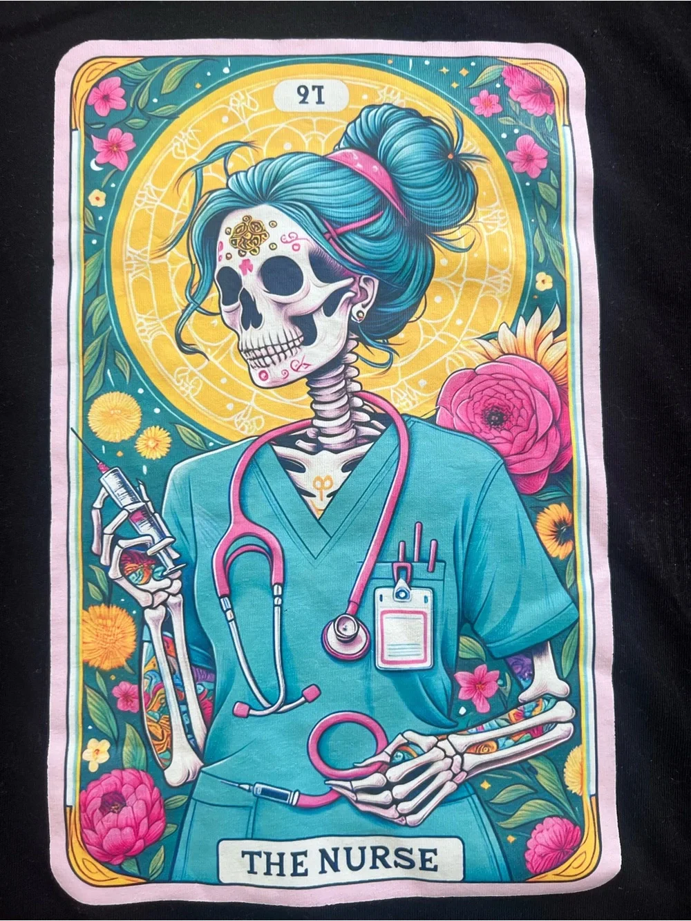 Bella Canvas Black Tee with Colorful Nurse Skull Graphic
